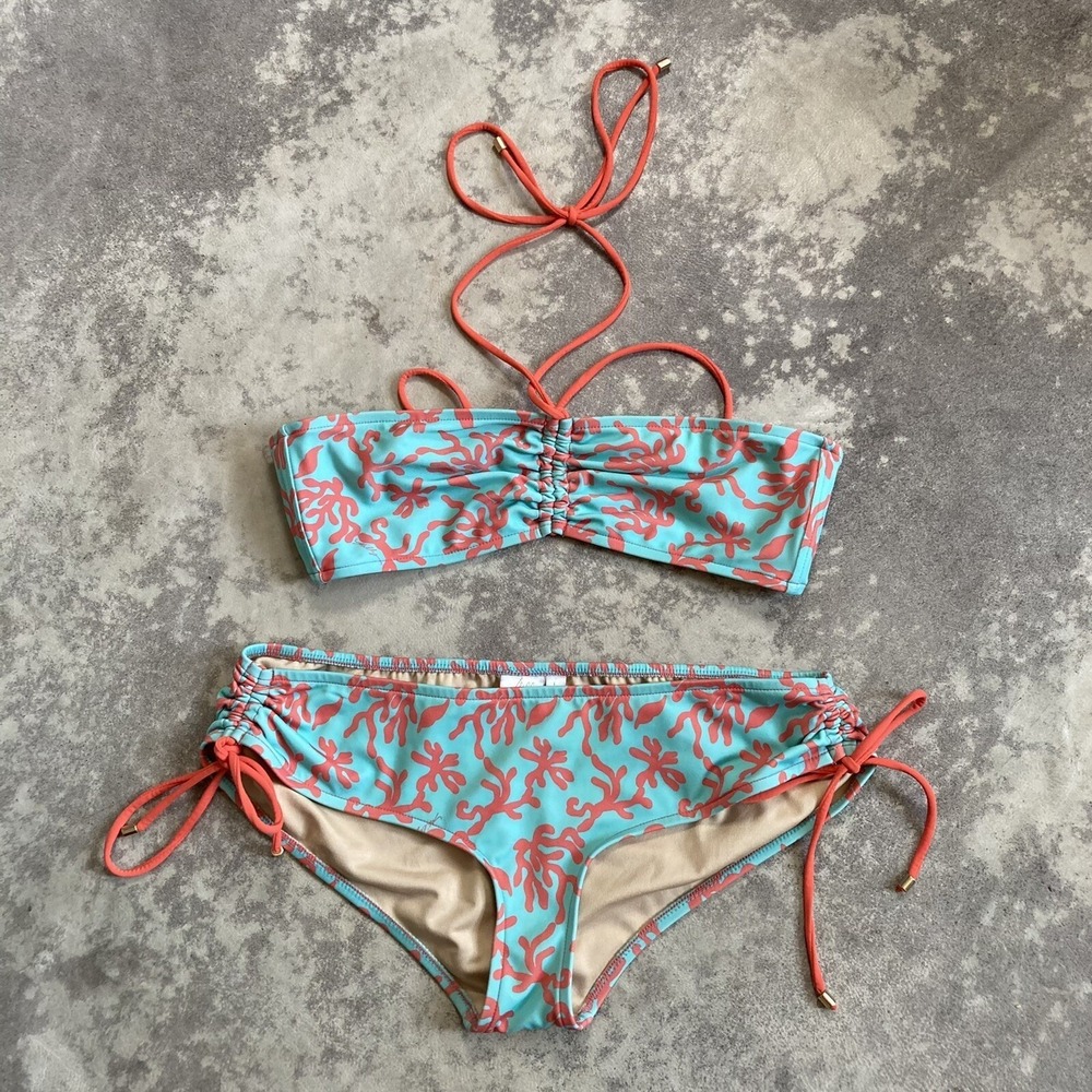 Milly Cabana Swimwear Womens 2 Piece Bikini Coral Print Size m Top,‎ L bottom